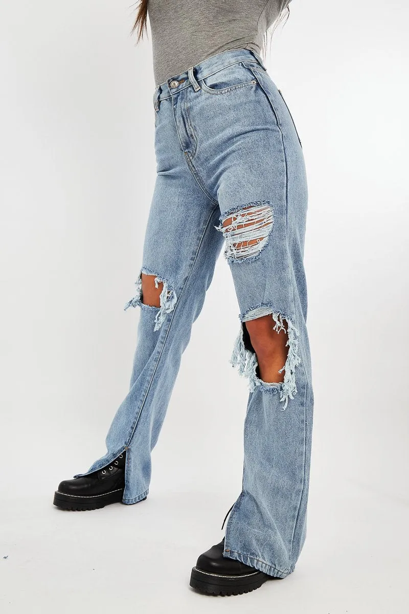 Light Blue Extreme Rip Inside Leg Split Straight Jeans - Rosina