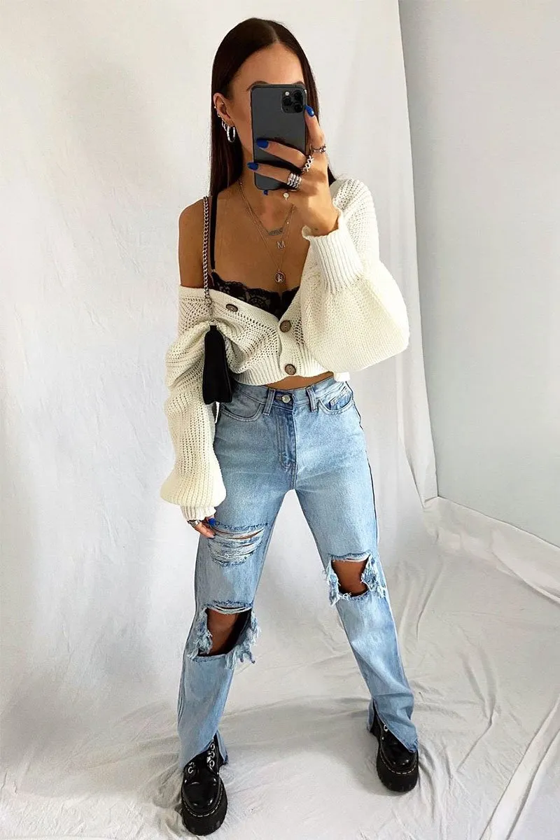 Light Blue Extreme Rip Inside Leg Split Straight Jeans - Rosina