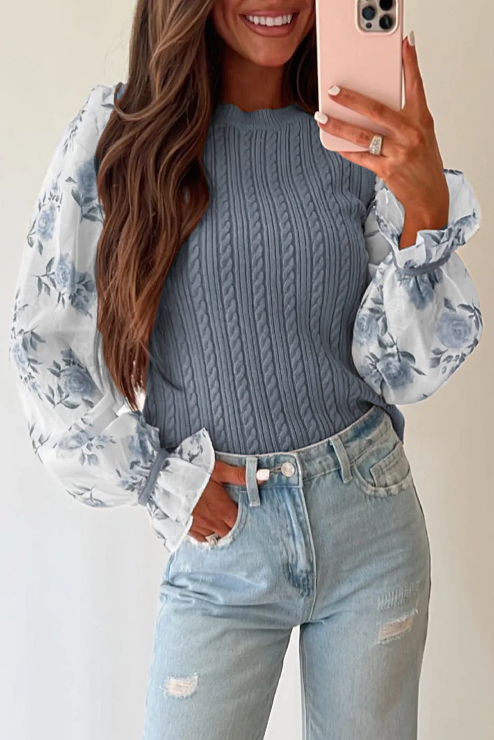 Light Blue Floral Patchwork Ruffled Cuff Cable Knit Sweater