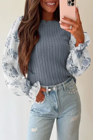 Light Blue Floral Patchwork Ruffled Cuff Cable Knit Sweater