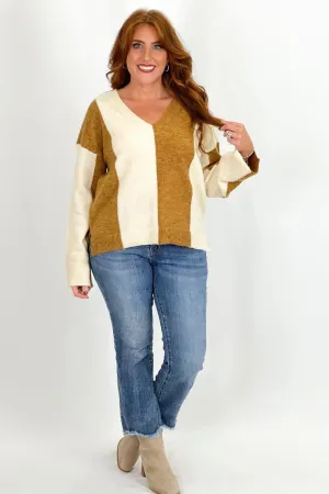 Light Camel Wide Stripe V-Neck Sweater *Final Sale*