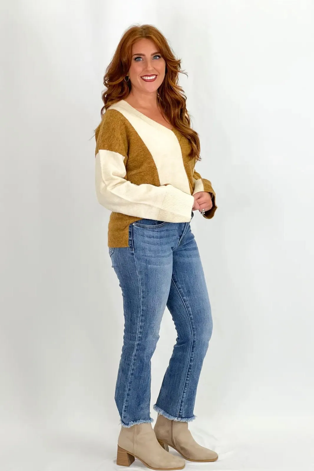 Light Camel Wide Stripe V-Neck Sweater *Final Sale*