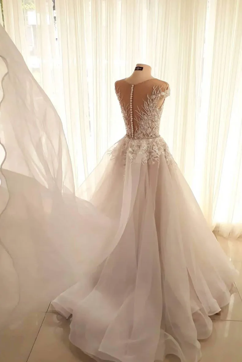 Light champagne tulle lace long prom dress tulle formal dress