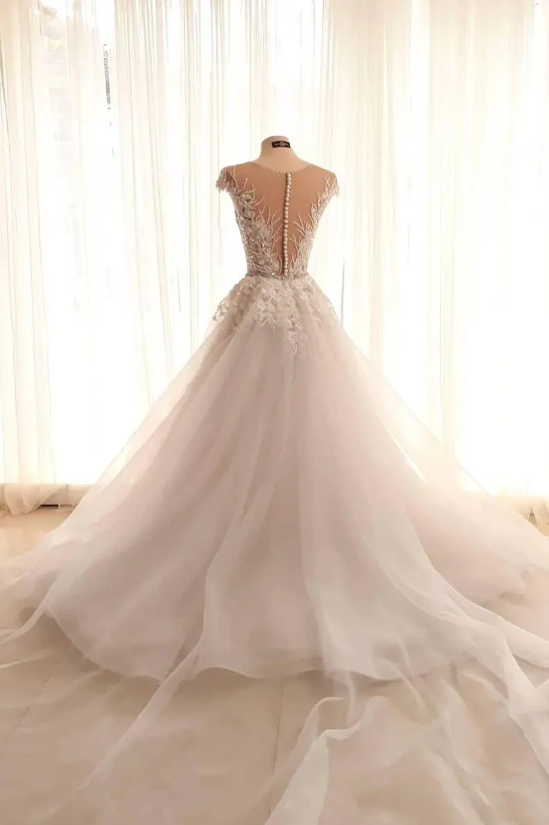 Light champagne tulle lace long prom dress tulle formal dress