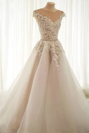 Light champagne tulle lace long prom dress tulle formal dress