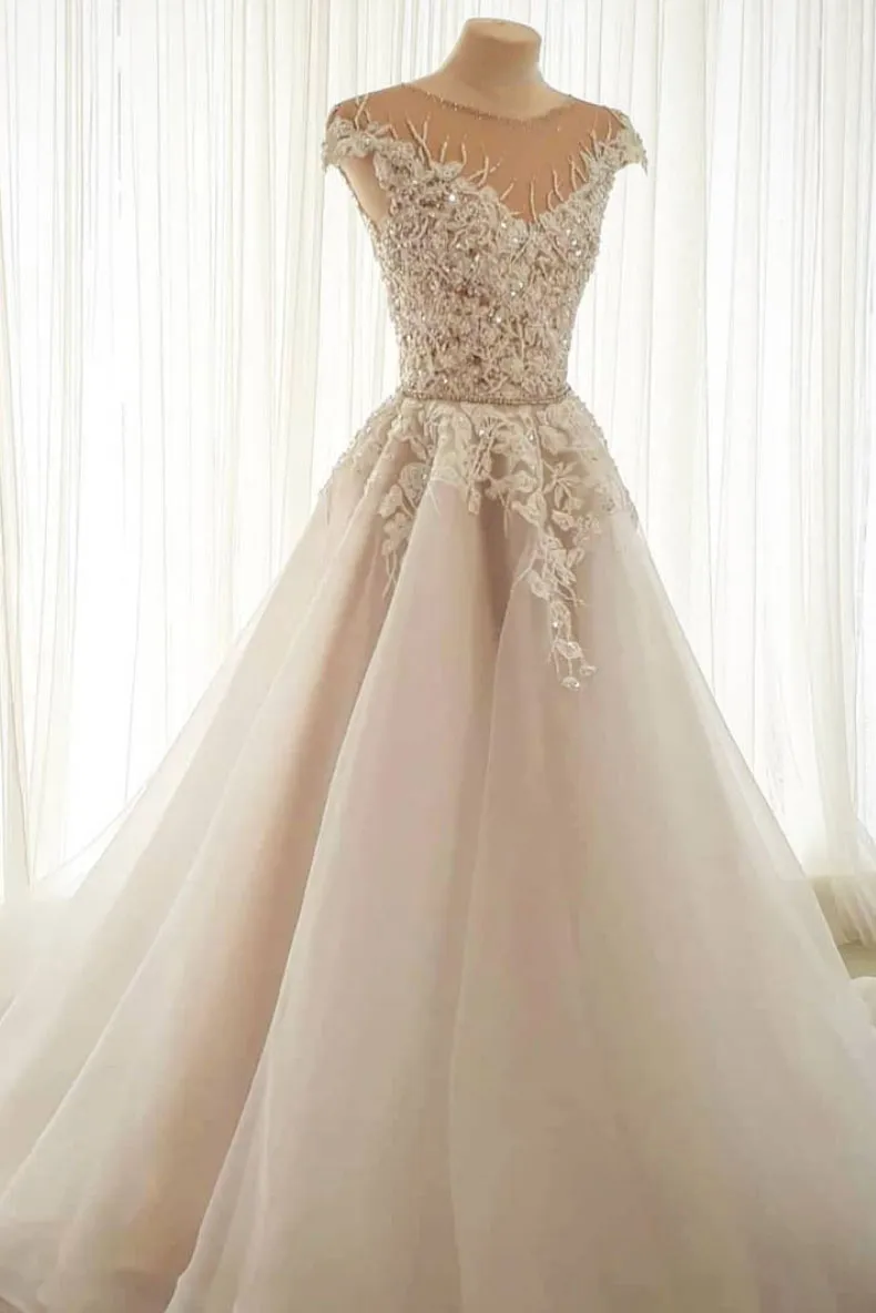 Light champagne tulle lace long prom dress tulle formal dress