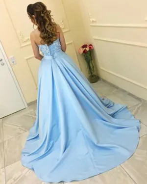 Light Sky Blue Satin Ball Gown Prom Dresses with Lace Beaded Sweetheart Long Prom Gowns