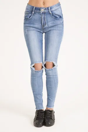 Light Wash High Waisted Knee Rip Jeans - Penelope