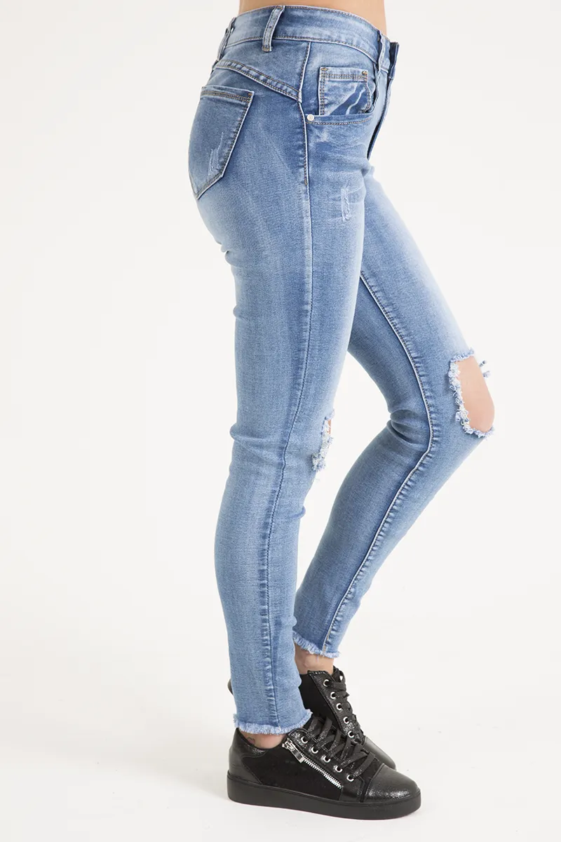 Light Wash High Waisted Knee Rip Jeans - Penelope