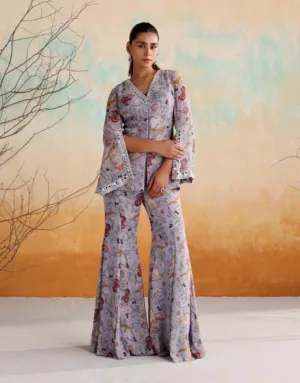 Lilac embellished printed peplum jacket-style top paired with flared pants