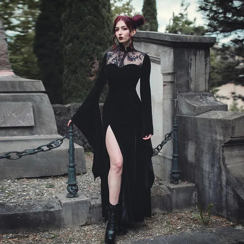 Long Dress High Waist Flared Sleeve Lace Cutout Gothic Maxi Dress
