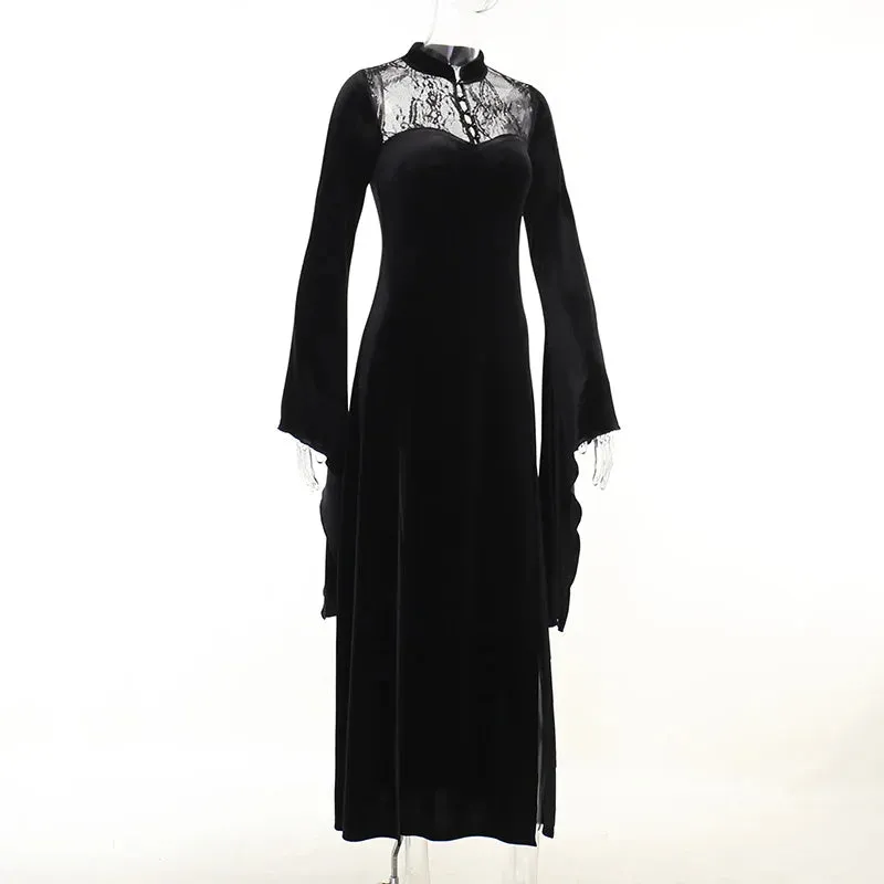 Long Dress High Waist Flared Sleeve Lace Cutout Gothic Maxi Dress