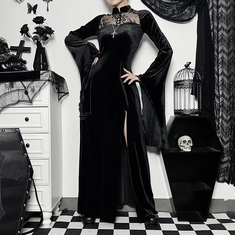 Long Dress High Waist Flared Sleeve Lace Cutout Gothic Maxi Dress