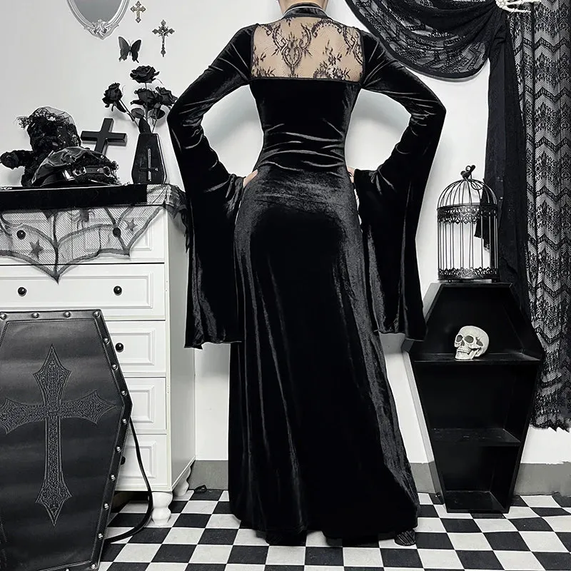 Long Dress High Waist Flared Sleeve Lace Cutout Gothic Maxi Dress