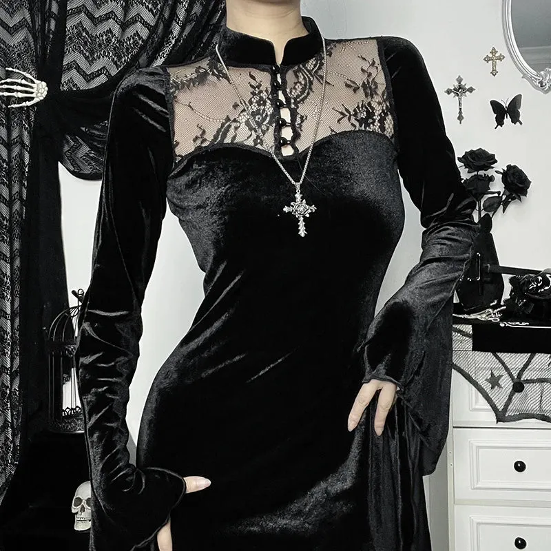 Long Dress High Waist Flared Sleeve Lace Cutout Gothic Maxi Dress