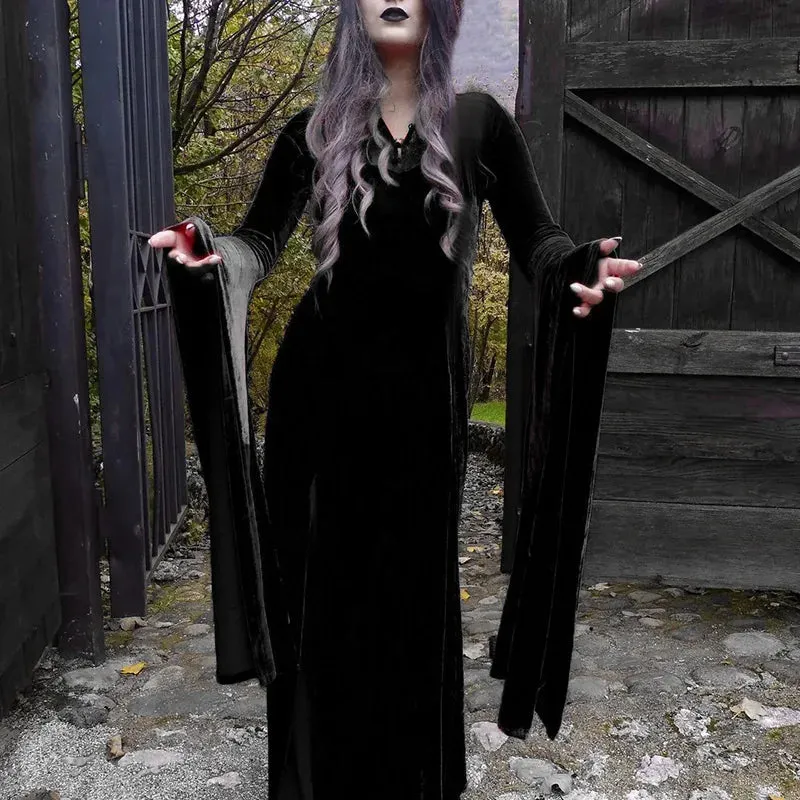 Long Dress High Waist Flared Sleeve Lace Cutout Gothic Maxi Dress