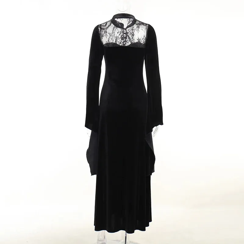 Long Dress High Waist Flared Sleeve Lace Cutout Gothic Maxi Dress