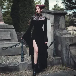 Long Dress High Waist Flared Sleeve Lace Cutout Gothic Maxi Dress