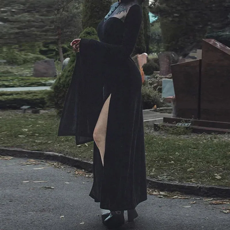 Long Dress High Waist Flared Sleeve Lace Cutout Gothic Maxi Dress