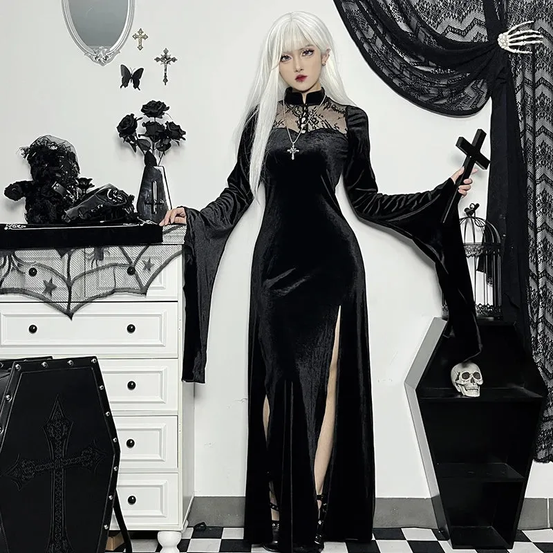 Long Dress High Waist Flared Sleeve Lace Cutout Gothic Maxi Dress