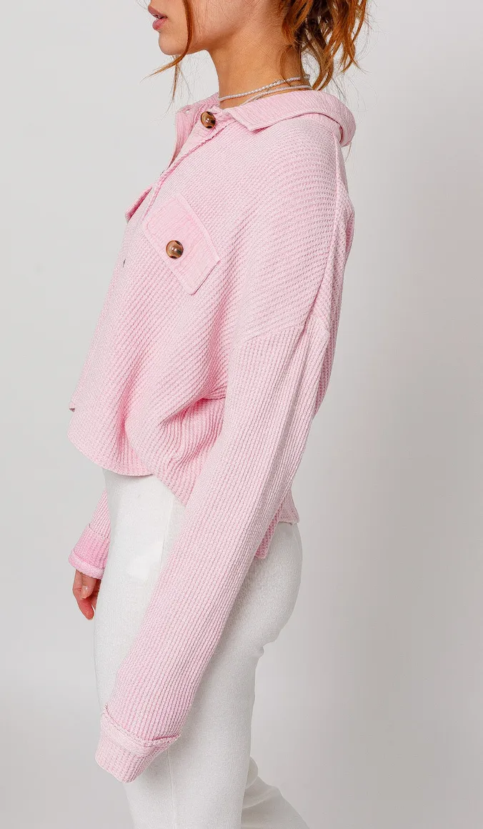 Long Sleeve Button Down Waffle Knit Top