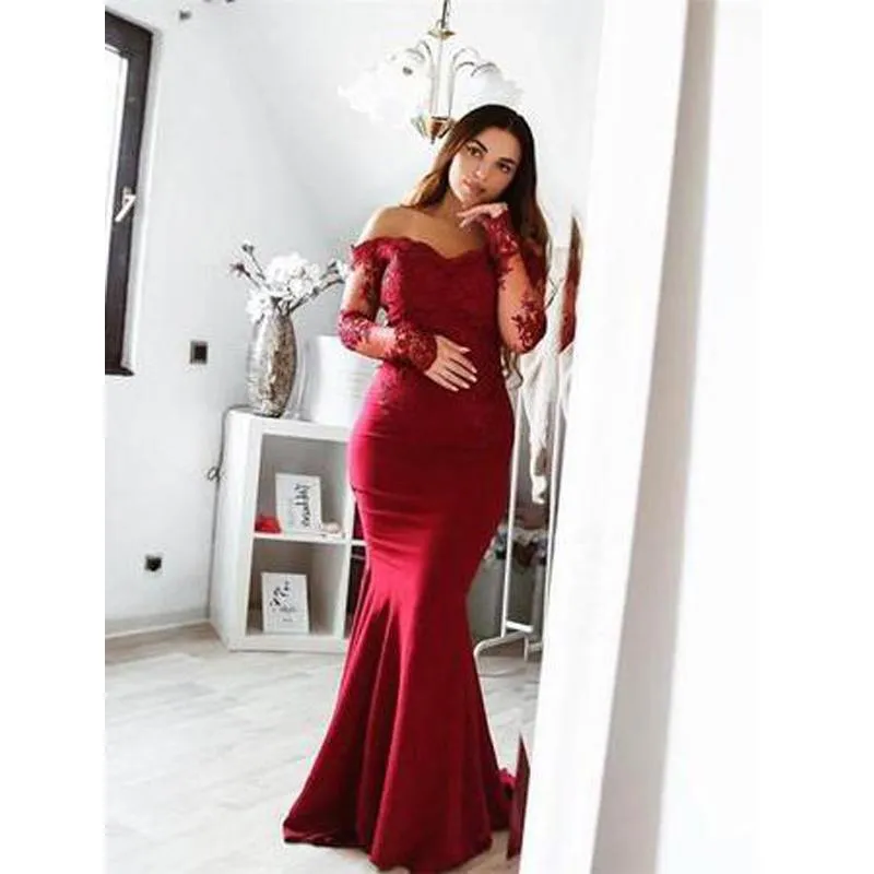 Long Sleeve Lace Mermaid Burgundy Long Bridesmaid Dresses Online, WGY0223