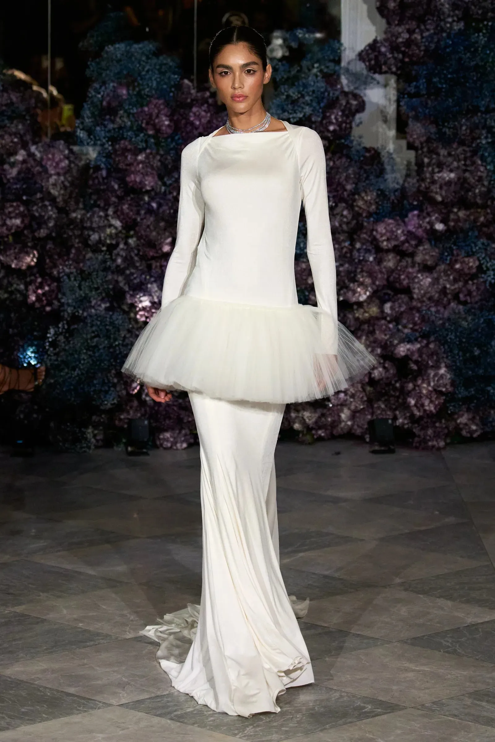 Long Sleeve Open Back Tulle Peplum Gown