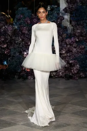 Long Sleeve Open Back Tulle Peplum Gown