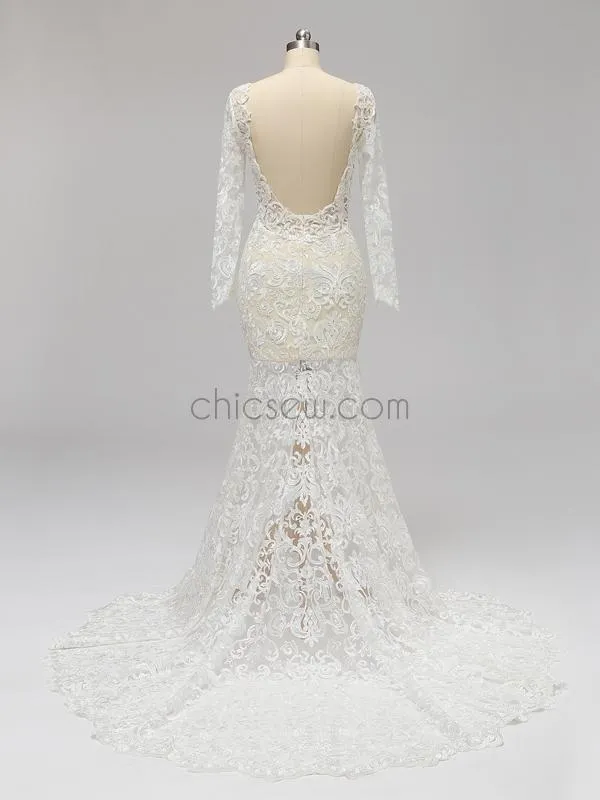 Long Sleeves Full Lace Mermaid Elegant Long V Neck Wedding Dresses, Prom Dresses LMX1123