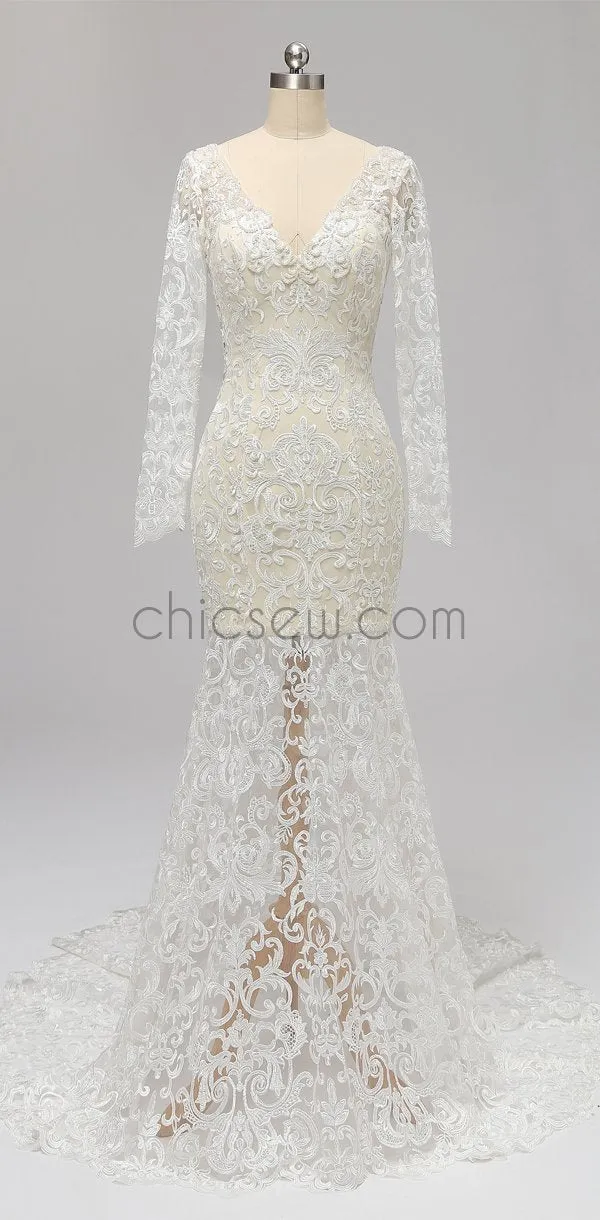 Long Sleeves Full Lace Mermaid Elegant Long V Neck Wedding Dresses, Prom Dresses LMX1123