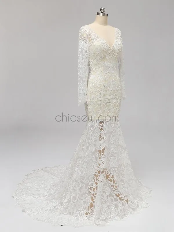 Long Sleeves Full Lace Mermaid Elegant Long V Neck Wedding Dresses, Prom Dresses LMX1123