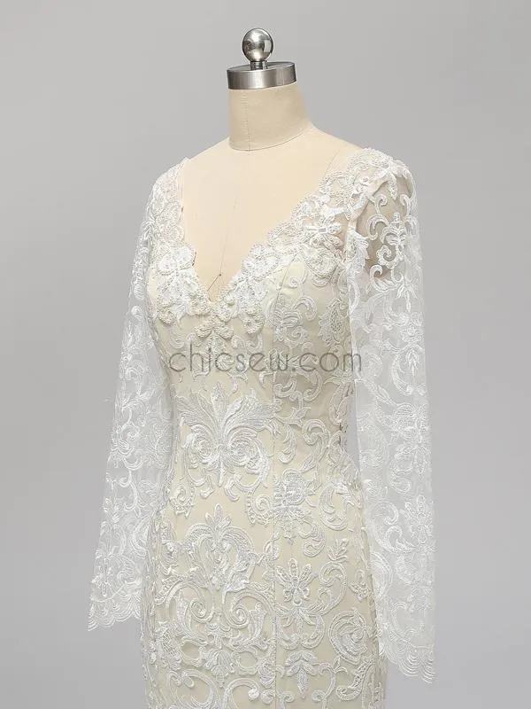 Long Sleeves Full Lace Mermaid Elegant Long V Neck Wedding Dresses, Prom Dresses LMX1123