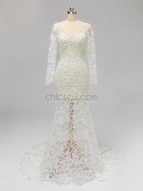 Long Sleeves Full Lace Mermaid Elegant Long V Neck Wedding Dresses, Prom Dresses LMX1123
