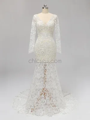 Long Sleeves Full Lace Mermaid Elegant Long V Neck Wedding Dresses, Prom Dresses LMX1123