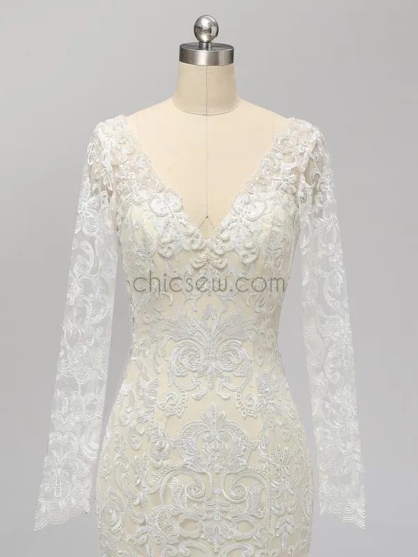Long Sleeves Full Lace Mermaid Elegant Long V Neck Wedding Dresses, Prom Dresses LMX1123