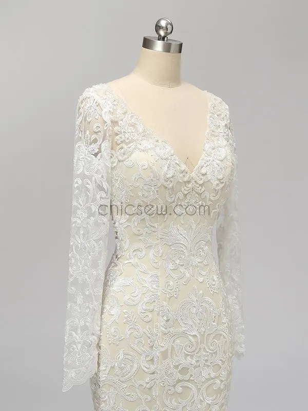 Long Sleeves Full Lace Mermaid Elegant Long V Neck Wedding Dresses, Prom Dresses LMX1123