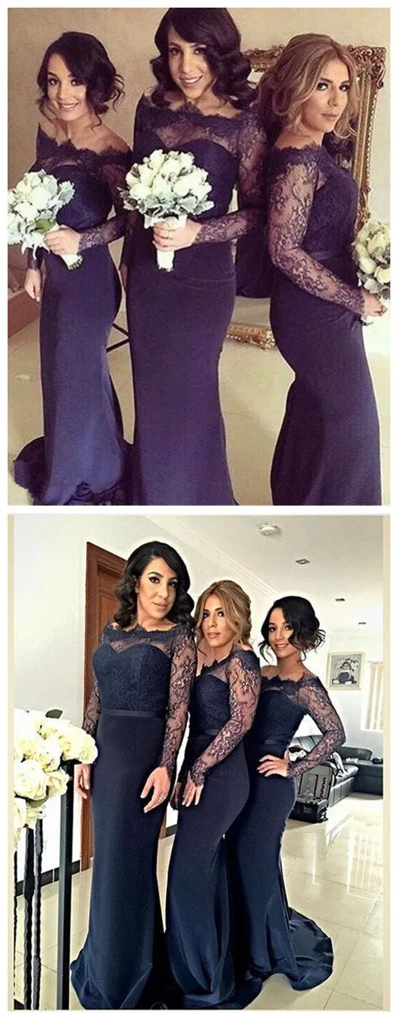 Long Sleeves Mermaid Lace Wedding Party Bridesmaids Guest Dresses, BG51370