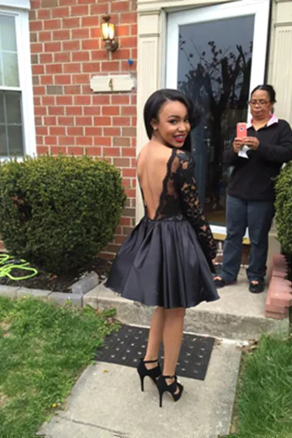 Long Sleeves Short Prom Dresses Little Black Dresses Lace Backless
