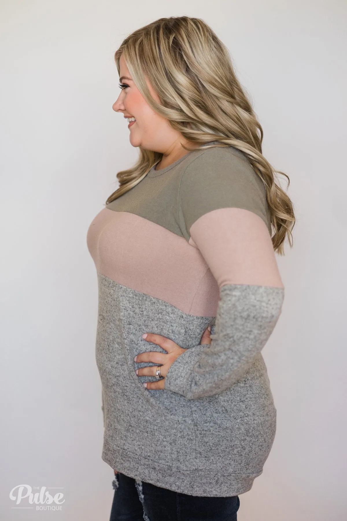 Lookin' Cute In A Color Block Top- Light Olive, Mauve, Grey