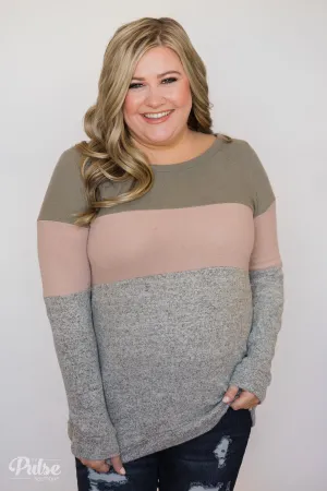 Lookin' Cute In A Color Block Top- Light Olive, Mauve, Grey