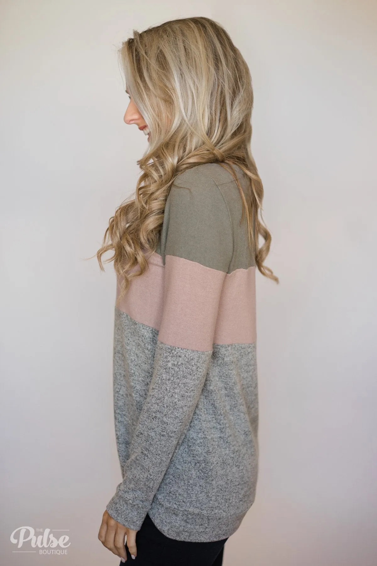 Lookin' Cute In A Color Block Top- Light Olive, Mauve, Grey