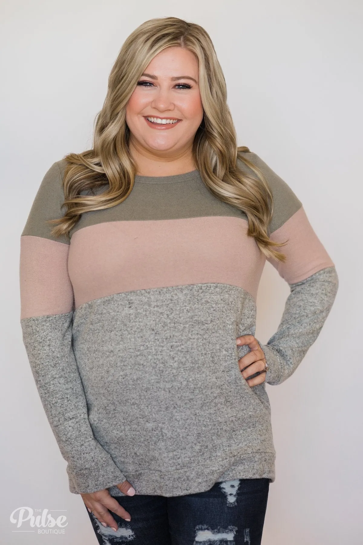 Lookin' Cute In A Color Block Top- Light Olive, Mauve, Grey