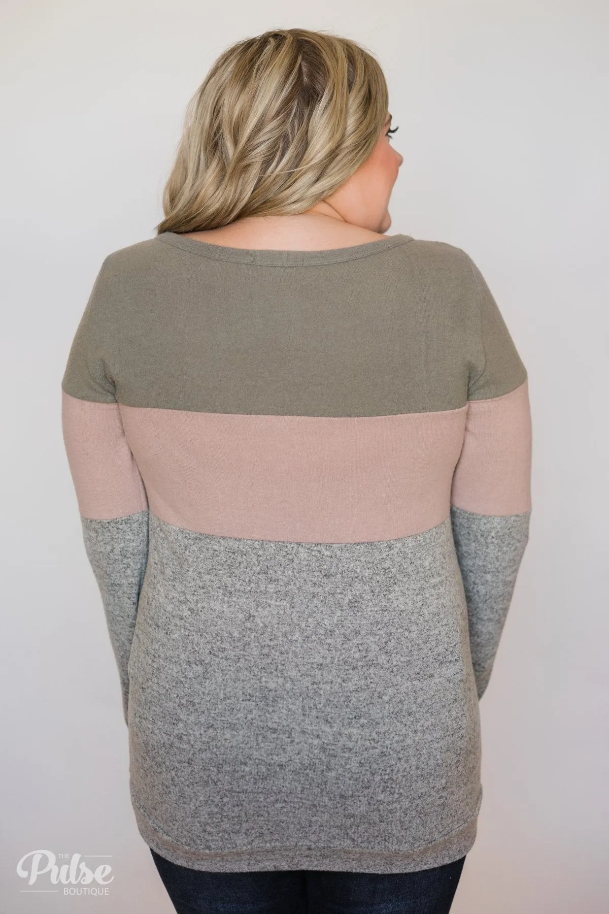Lookin' Cute In A Color Block Top- Light Olive, Mauve, Grey