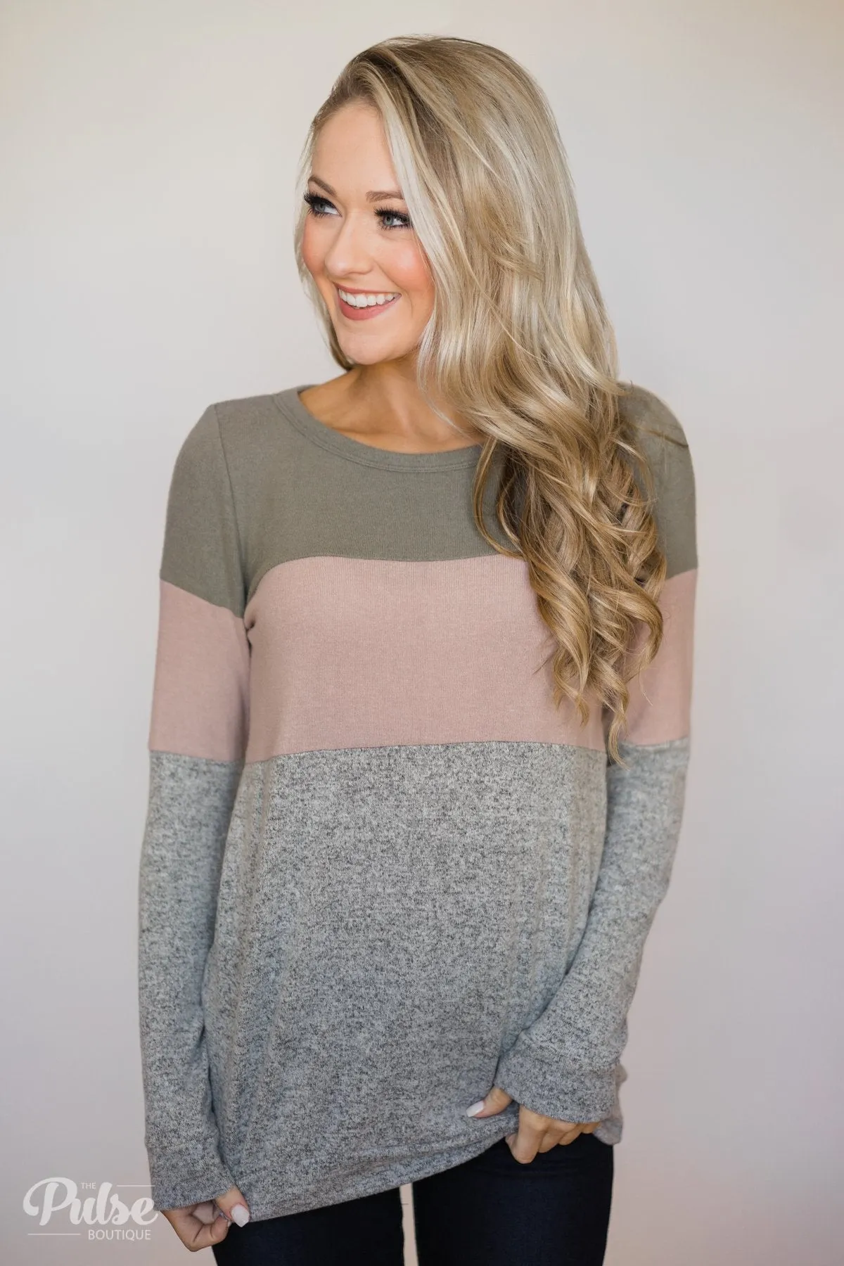 Lookin' Cute In A Color Block Top- Light Olive, Mauve, Grey