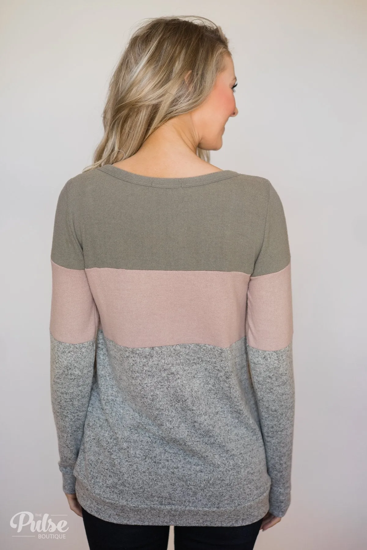 Lookin' Cute In A Color Block Top- Light Olive, Mauve, Grey