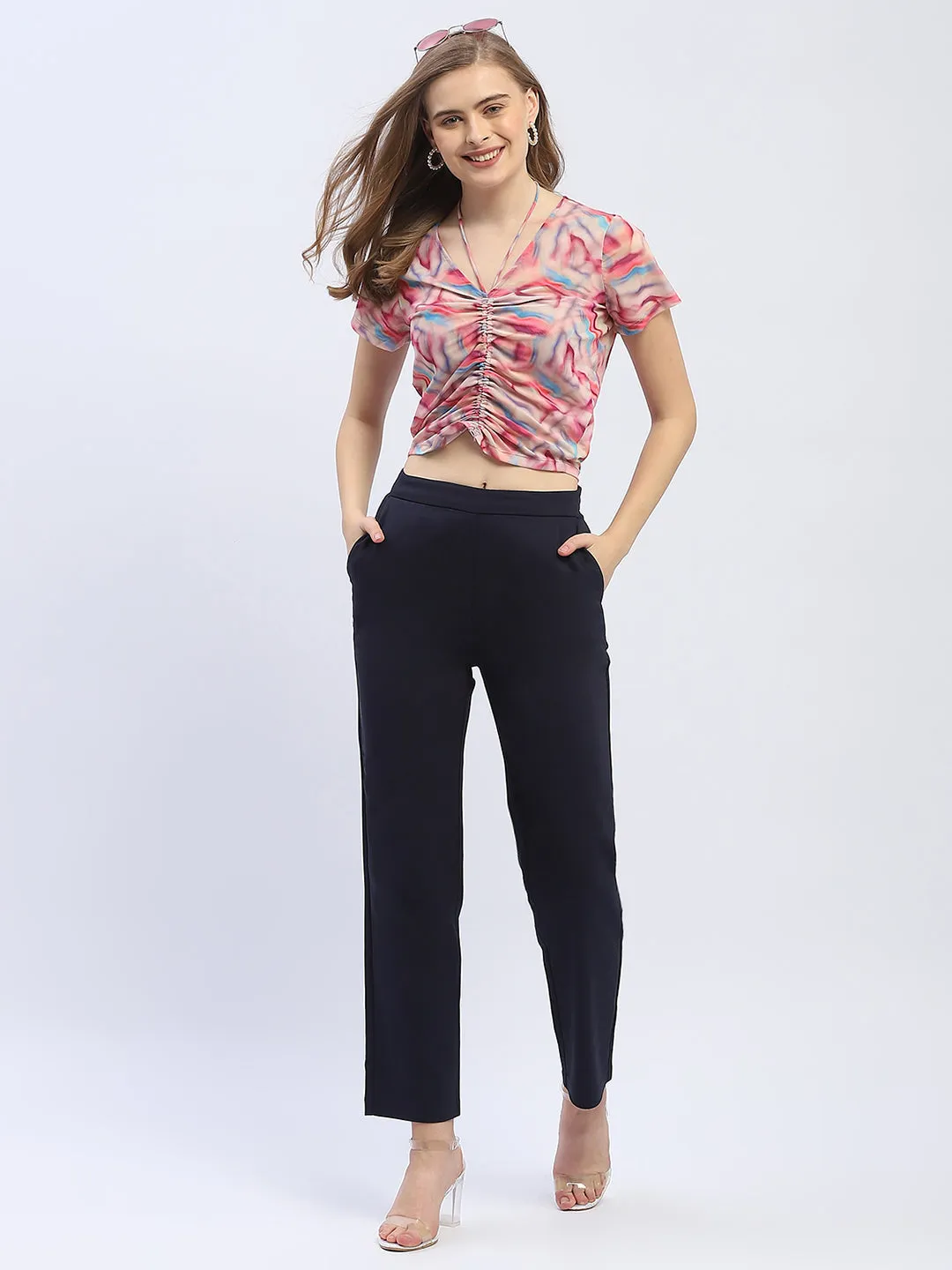 Madame Abstract Print Pink Halter Neck Crop Top