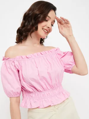Madame Pink Ruffled Off Shoulder Peplum Crop Top