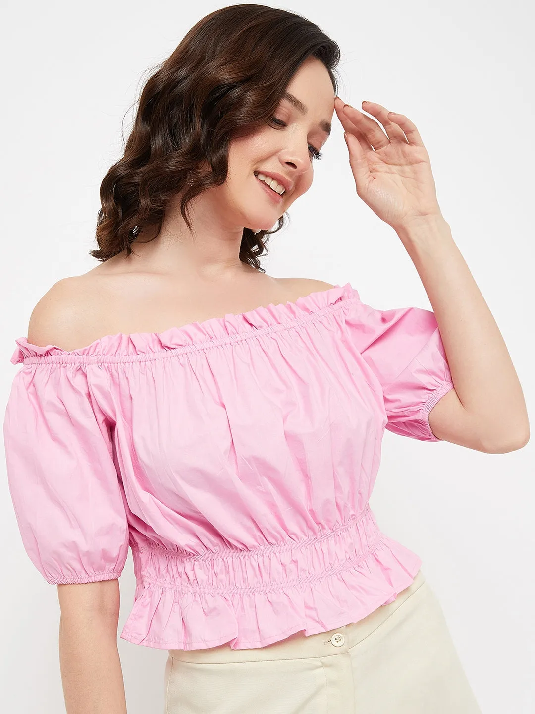 Madame Pink Ruffled Off Shoulder Peplum Crop Top
