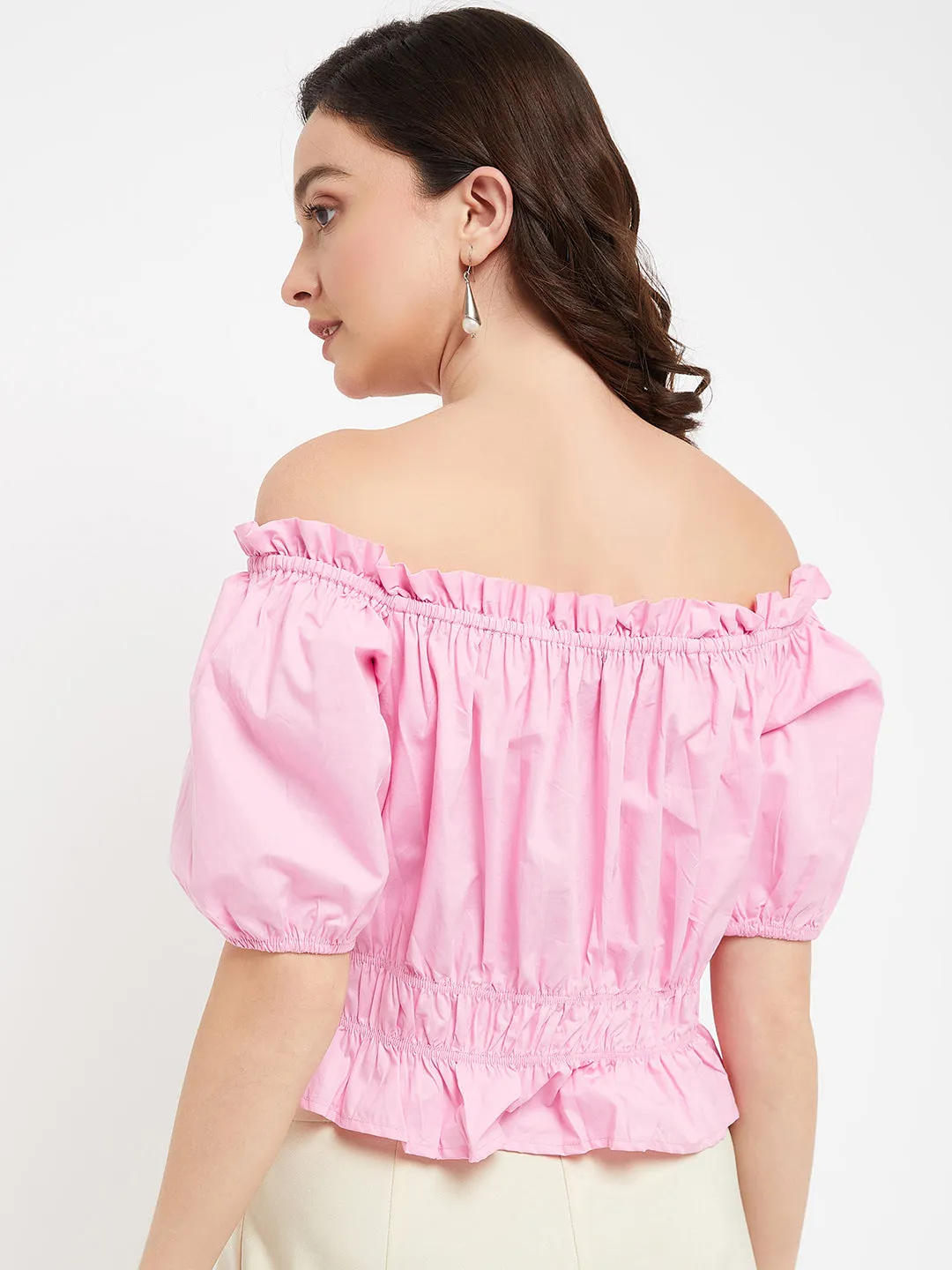 Madame Pink Ruffled Off Shoulder Peplum Crop Top