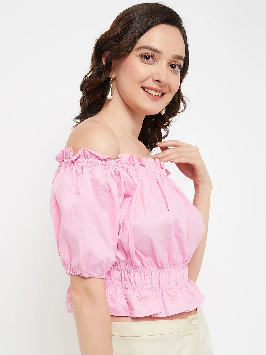 Madame Pink Ruffled Off Shoulder Peplum Crop Top